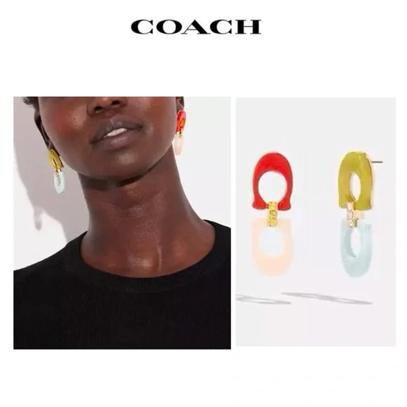 NWT COACH Signature C Logo 12-K Gold Plated Glass Crystals Resin Drop Earrings - Picture 3 of 10